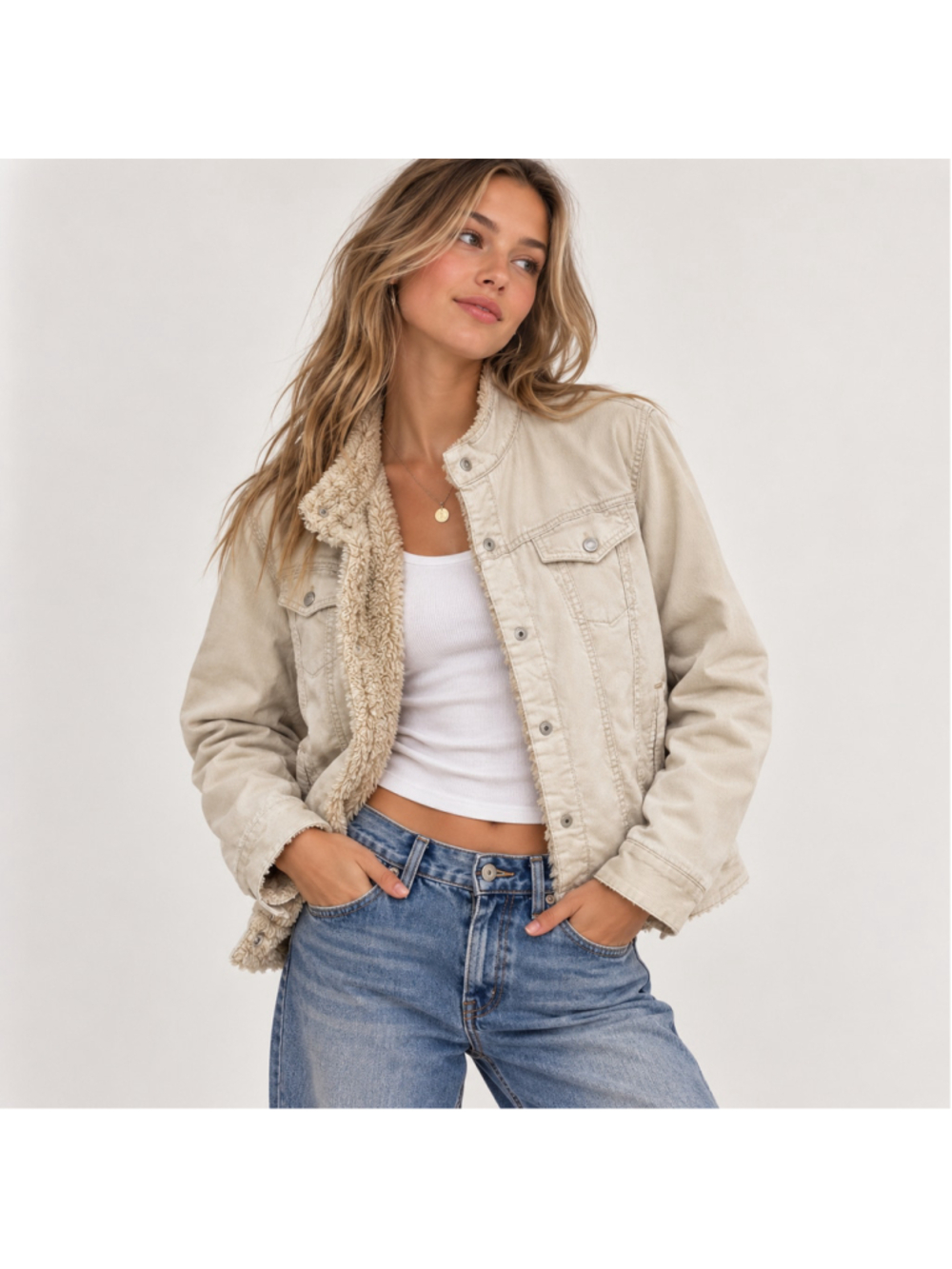 VTG Gap Y2K 2003 Sherpa Lined Cream Corduroy Trucker Jacket XL